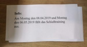Read more about the article Schießtraining fällt aus! (08.04 und 06.05.2019)